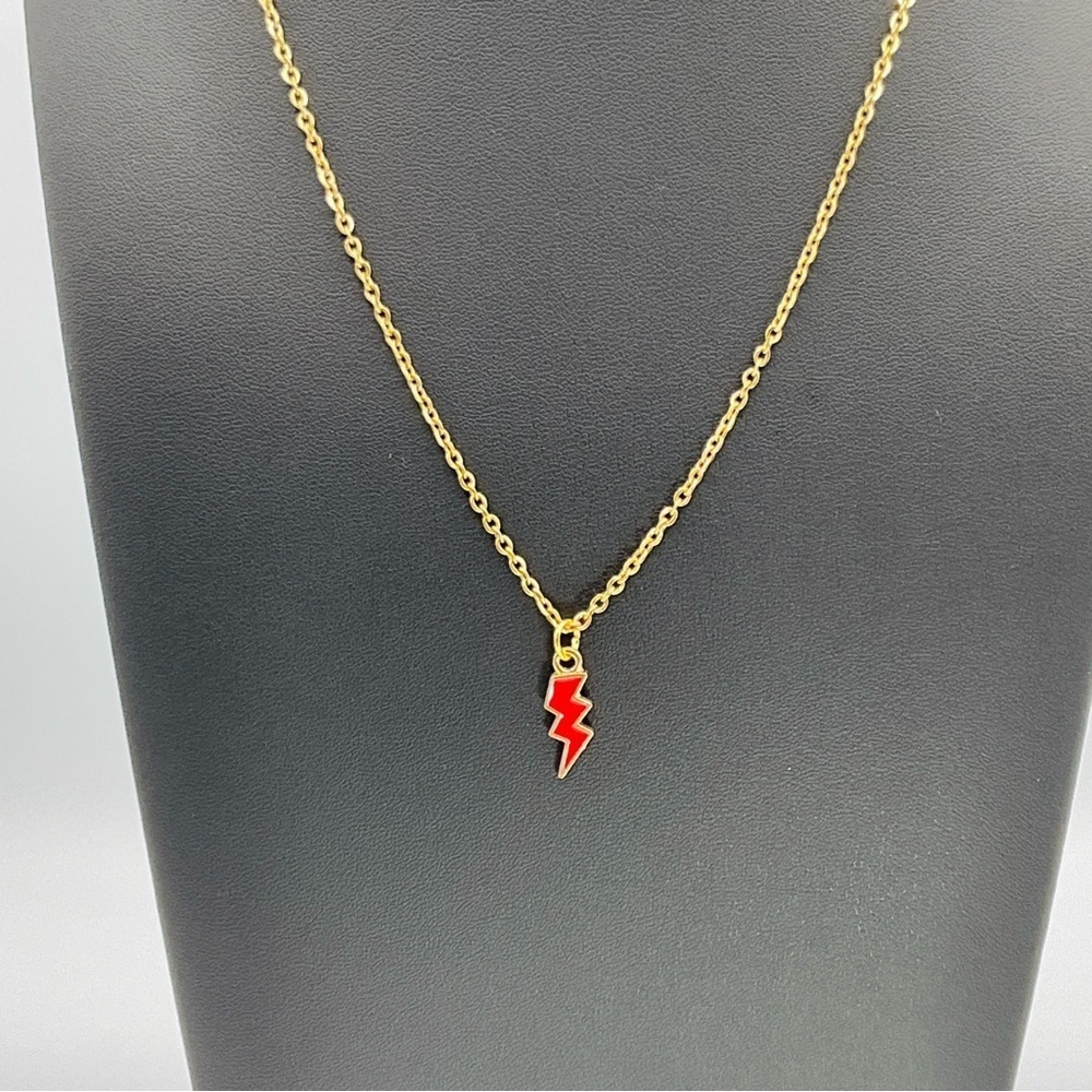 Lightning Bolt Necklace Gold Tone Chain Pendant Comic Girl Teen Red Jewelry